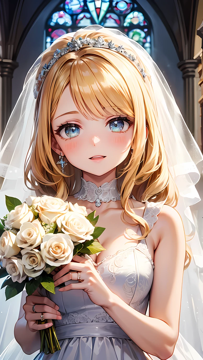 ((best quality)), ((masterpiece)), (detailed), perfect face, (best quality), (detailed skin:1.3), (intricate details), curly hair, Wedding, wedding dress, expression of joy, holding a bouquet in both hands, pure white dress, blonde hair, earrings, engagement ring, church