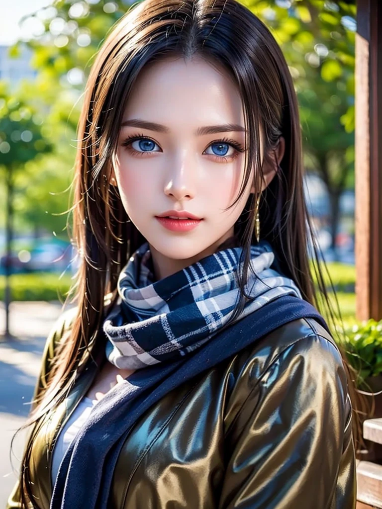 (masterpiece),(Best Quality:1.2),One Girl,(Masseter region:1.3), Exquisite Details, Best Qualityの8K解像度, Super detailed, Realistic, Vibrant colors, Soft tone, Warm and gentle lighting,(Beautiful checked scarf:1.3)(Brown long coat:1.2) evening,Big Sunset,( smooth straight blonde hair :1.2),(Hair parted in the middle:1.3),(Shiny Hair),(Dark blue eyes:1.3),White skin, Hair Clip,clock,Overflowing with gentle and gentle emotions ,(The promenade is full of flowers),Sunshine,Warm golden glow,Happiness and laughter,Super detailedな描写とVibrant colorsにこだわって.  A style that combines romanticism and realism、Depth of Love,Color Palette,And the lighting is soft and diffused.., Give your face a gentle light,This work is a masterpiece,