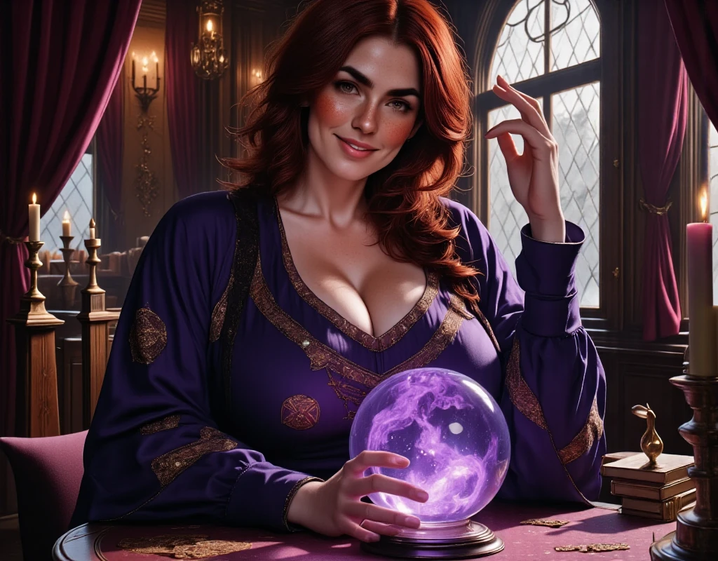 Photorealistic, cinematic style, picture of a beautiful British woman sitting in a fortune-tellers wagon. She has a crystal ball on the table in front of her, and she's hovering her hand over it. (Dynamic pose: 1.5), (she is smiling). She has Brown eyes, downturned eye shape, light skin and freckles, reddish-brown hair, ponytail hairstyle .  She's wearing a purple robes with arcane symbols. In the background purple velvet curtains and tapestries. Dark, candlelight. Crystal ball on a round table, violet light emanating from the ball. ((Theme colour is purple)). perfect hand,HDR, intricate details ,