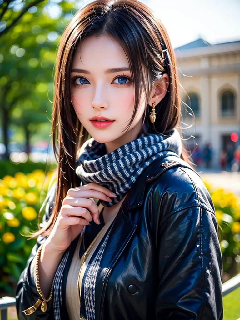 (masterpiece),(Best Quality:1.2),One Girl,(Masseter region:1.3), Exquisite Details, Best Qualityの8K解像度, Super detailed, Realistic, Vibrant colors, Soft tone, Warm and gentle lighting,(Beautiful checked scarf:1.3)(Brown long coat:1.2) evening,Big Sunset,( smooth straight blonde hair :1.2),(Hair parted in the middle:1.3),(Shiny Hair),(Dark blue eyes:1.3),White skin, Hair Clip,clock,Overflowing with gentle and gentle emotions ,(The promenade is full of flowers),Sunshine,Warm golden glow,Happiness and laughter,Super detailedな描写とVibrant colorsにこだわって.  A style that combines romanticism and realism、Depth of Love,Color Palette,And the lighting is soft and diffused.., Give your face a gentle light,This work is a masterpiece,