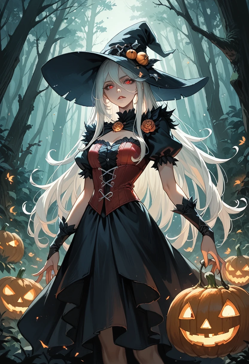 An anime witch with long white hair, wearing a black and red corset-style dress and matching black witch's hat. She stands confidently in a dark forest with glowing jack-o-lanterns scattered around. Her eyes glow red under the moonlight, creating a mysterious and seductive atmosphere.