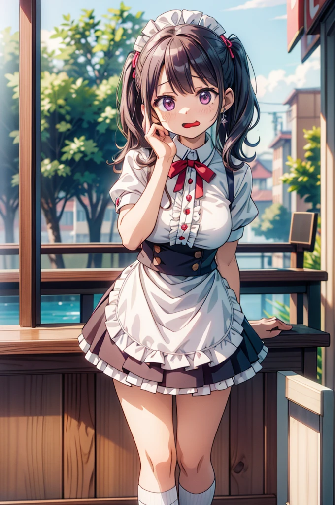 (masterpiece, ultra-detailed, best quality, clear focus, dramatic scene), (ultra-high resolution, 8k), perfect anatomy, perfect face, (detailed face, detailed eye), 20 years old beautiful Japanese girl, (she is working as a waitress at a trendy open terrace cafe), serving, standing, very beautiful and cute and cool face, (wearing cute colored and cute decorated waitress uniform with frills), (jewelry), white knee-high socks, dynamic pose, gorgeous large plate of foods, signature dishes, (panicking, wavy mouth, open mouth, hands on breasts:1.3), (portrait, depth of field), face focus