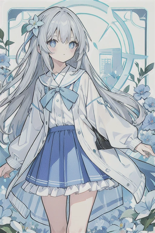 Gray hair、Very long hair, light blue left eye、The right eye has gray eyes, flower-shaped pupils, loose blouse, light blue cardigan, light blue skirt, gray ribbon on the collar, girl, cute, quiet, light blue flower field, holding light blue flowers, soft light light, top quality