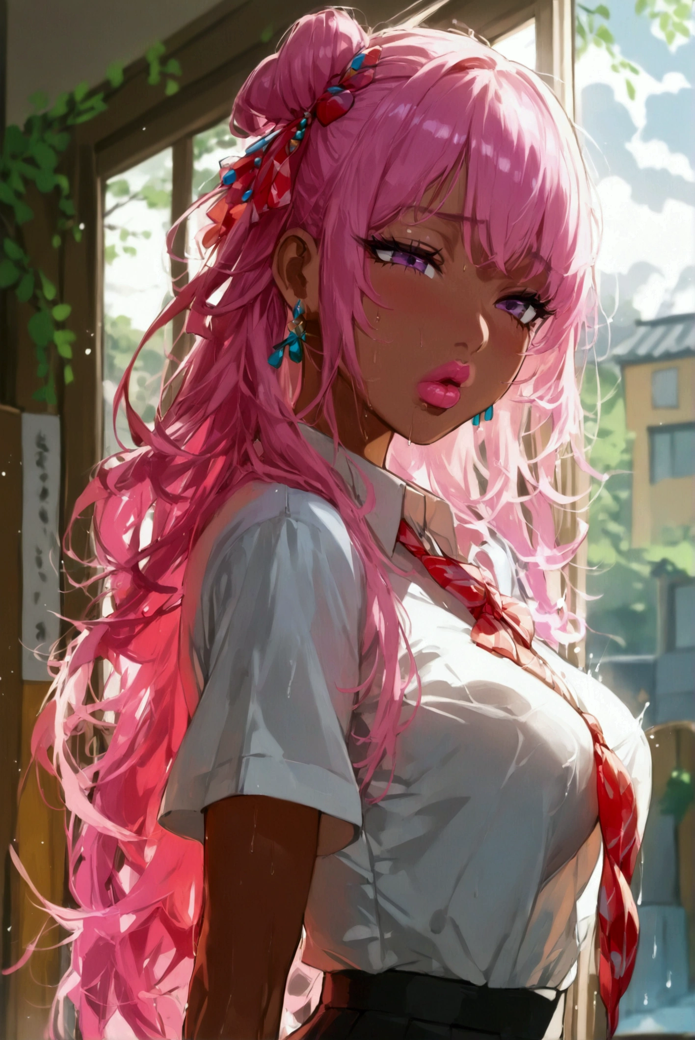 1 scene,High image quality,Super  High Resolution , High Resolution  illustration,masterpiece, very detailed,Blonde, High Resolution ,Japanese,gyaru make,Pink eyeliner,Pink Lip,Earrings,(Beautiful girls have grotesque lips ) , school uniform ,Mid-chest,Dark brown skin,beautiful curves,Long and complicated hair,Mole under the eye, sexy pose ,(Captivating pussy:1.4),(1man and 1woman, having sex:1.8), (Normal position)