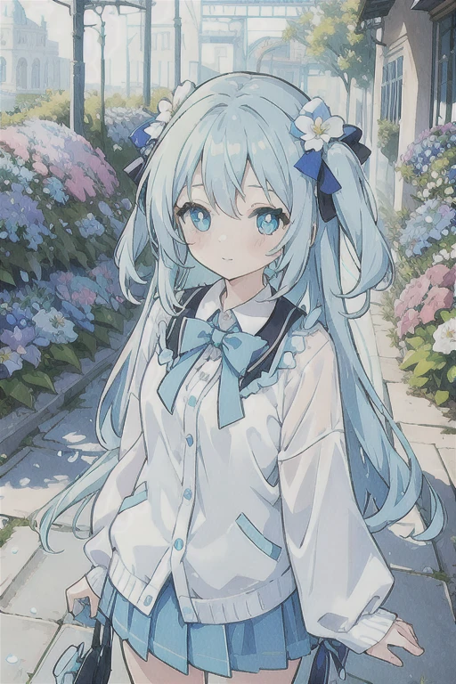 · Hatsune Miku · Flower Shaped Pupils · Relaxed Blouse · Light Blue Cardigan · Light Blue Skirt · Wearing a Gray Bow · Girl · Cute · Quiet · Light Blue Flower Garden · Holding Light Blue Flowers · Soft Light · Top Quality