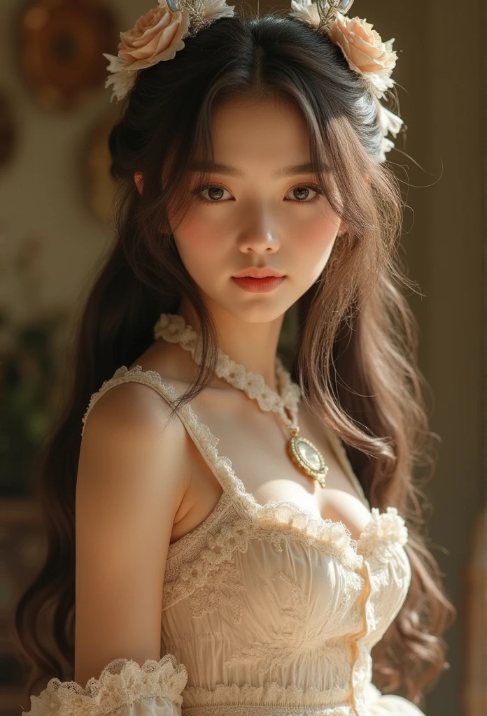 full body portrait of a young loli woman, beautiful detailed eyes, beautiful detailed lips, extremely detailed face, long eyelashes, lolita dress, intricate lace, ruffled skirt,  (best quality,4k,8k,highres,masterpiece:1.2),ultra-detailed,(realistic,photorealistic,photo-realistic:1.37), beautiful lighting, warm color tones, delicate details, highly detailed, soft focus, elegant, portrait