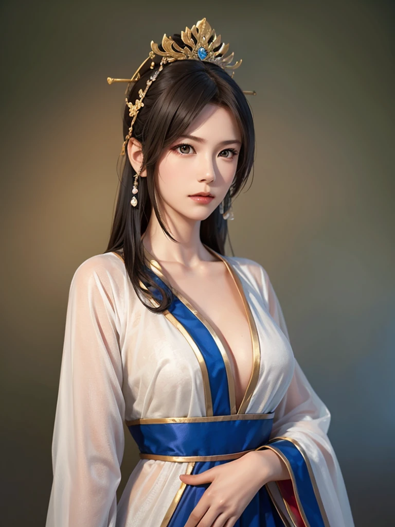 ancient chinese princess ， A girl wearing Hanfu, visual audience，,  beautiful girl 、Delicate body, Exquisite Eyes , Big 、Long hair,、Hair accessories Han Dynasty、Eternal,whole body、Lower Body，Three Kingdoms， (solid color background,,  simple background ), Smoky environment, Adds a touch of mystery and drama to the scene. Soft and even lighting, Casts soft shadows, Create an atmosphere of seriousness and focus.