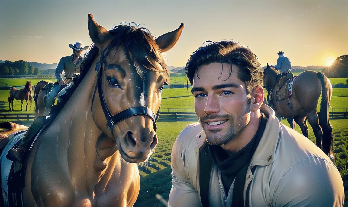 [((highly detailed, detailed eyes, detailed face, clear and realistic facial features, photorealistic, realistic light, cinematic, facing the viewer)), ((((2 men)))), (((((Gorgeous sexy masculine male cowboys, each looks unique))))), ((simple farm outfits)), (((grinning, sexy, saucy air))), (((((background is a sunny farm with horses)))))]