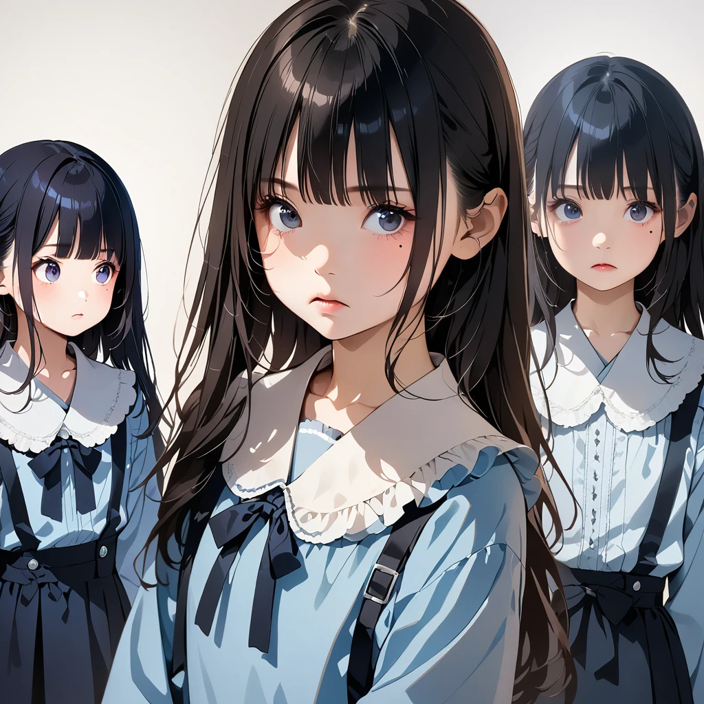 {{masterpiece, best quality, high resolution, perfect anotomy, super fine illustration:1.5, extremely detailed CG, 8k}}, white background,

 1 girl, full body, dynamic pose, looking away, from front,

14_yo, japanese girl, indigo blue hair, long hair, straight hair:1.2, hime cut, silky hair, detailed beautiful hair, wearing jirai kei fashions, detailed beautiful face and beautiful eyes, ideal ratio face, oval face, rosy cheeks, navy eyes, long eyelashes, lower_eyelashes, no glasses, (no makeup), mole under left eye, wide-set eyebrows, thick lips, ideal ratio body proportions:1.2, 7 heads tall, flat chest, clear skin,