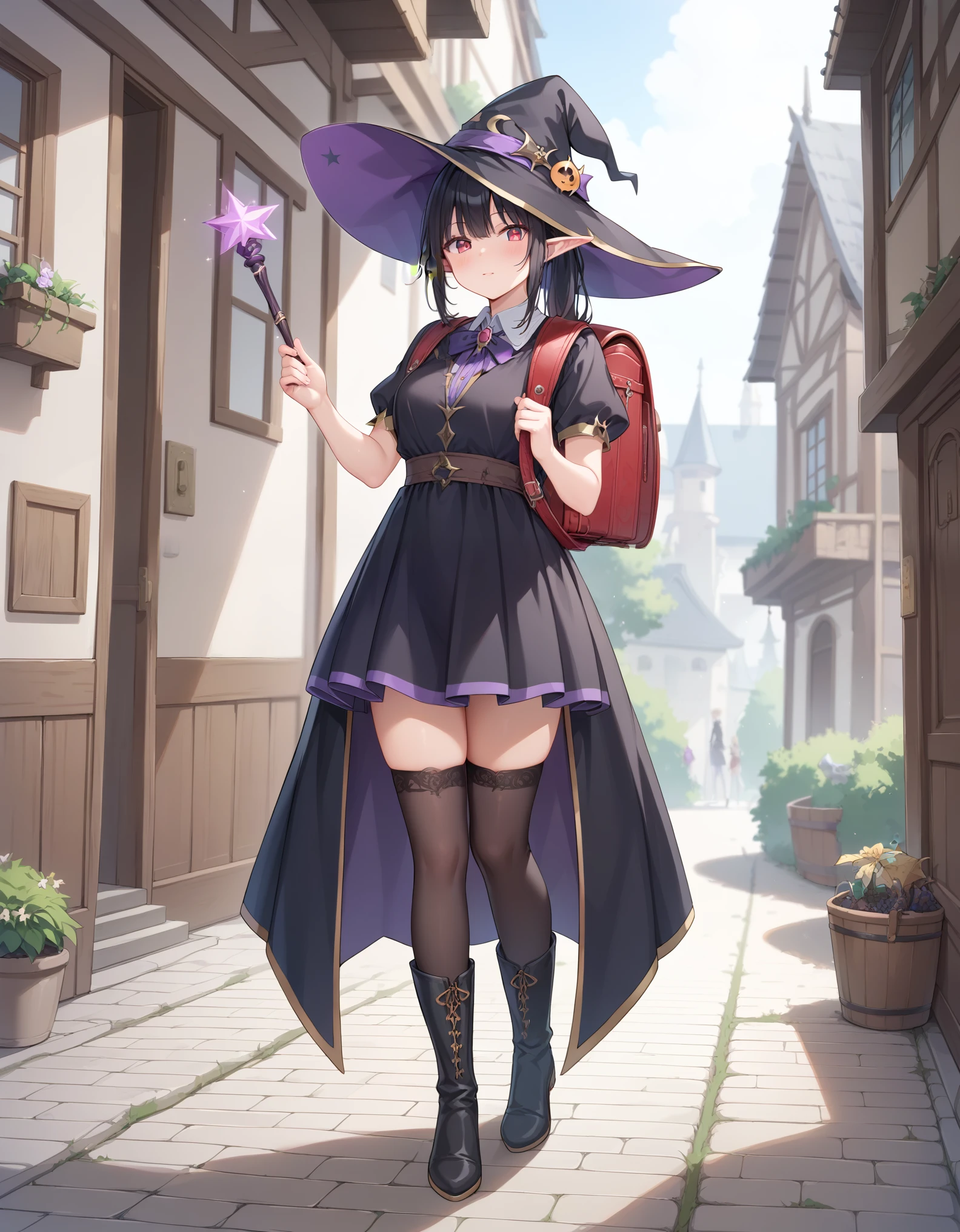 Masterpiece, hd, anime, 2d,  black hair, elf girl, pointed ears, wearing witch hat,  1girl wearing a witch Costume, (witch:1.2), neck ribbon, witch robes, holding magic wand, outdoor, ponytail, standing, outdoor, wearing randoseru backpack, red backpack, holding witch wands, fullbody, wearing thighhighs, wearing witch boots