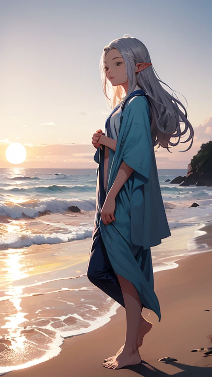 This serene beach scene captures the quiet moment of a young human boy and an ethereal elven girl standing side by side at the water’s edge. The boy, dressed in relaxed board shorts or beach pants, appears peaceful as he gazes out toward the ocean, barefoot in the warm sand. The elven girl, with her flowing silver hair and pointed ears, wears a sea-blue silky tunic that gently moves in the breeze. Together, they share a tranquil connection and Walk hand in hand , framed by the soft pastel hues of the sunset, with waves gently lapping at the shore and seashells scattered around their feet. A beautiful blend of fantasy and reality, this image evokes calmness, magic, and the simplicity of shared moments by the sea.