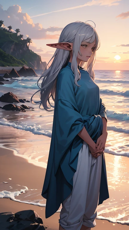 This serene beach scene captures the quiet moment of a young human boy and an ethereal elven girl standing side by side at the water’s edge. The boy, dressed in relaxed board shorts or beach pants, appears peaceful as he gazes out toward the ocean, barefoot in the warm sand. The elven girl, with her flowing silver hair and pointed ears, wears a sea-blue silky tunic that gently moves in the breeze. Together, they share a tranquil connection and Walk hand in hand , framed by the soft pastel hues of the sunset, with waves gently lapping at the shore and seashells scattered around their feet. A beautiful blend of fantasy and reality, this image evokes calmness, magic, and the simplicity of shared moments by the sea.