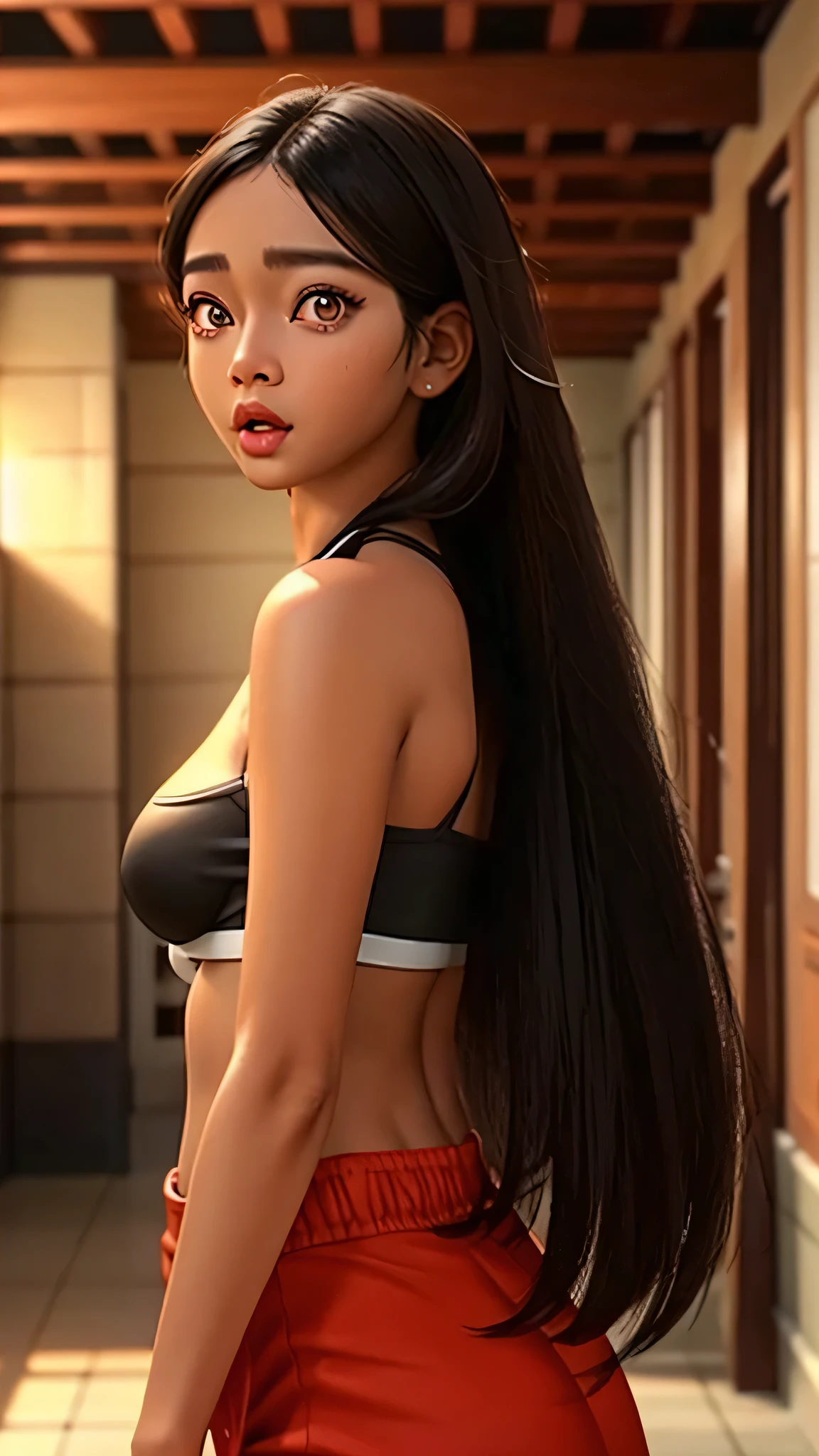 gorgeous Indonesian model looks like (Chel), dark skin, long hair, black hair, makeup, (mature woman), ((full lips)), very big lips, full lips, increased lips, (brown beautifull eyes), (((chubby huge breasts))), big breasts, ((big ass)), round face, , long hair, straight hair, perfect hair, shiny face, tan face, tan skin, gorgeous light, digital art by Yang J, tumblr, photorealistic anime girl render, trending on cgstation, 3d character realistic, hyperrealistic smooth anime cg art, hyperrealistic, a woman is shocked, shocked face expression, (((standing in a hall shocked))), long red skirt, black crop top, sexy crop top, surprised face, ((wide open mouth)), surprised eyes, (((wide open eyes))), looking at camera, looking at viewer, front view