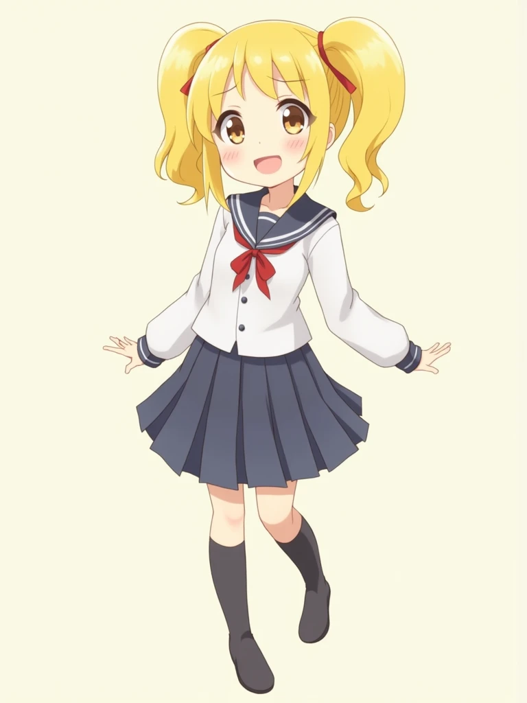 The girl wore twintails with yellow hair and wore blue panties with blue stripes.