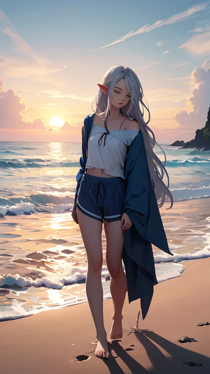 This serene beach scene captures the quiet moment of a young human boy and an ethereal elven girl standing side by side at the water’s edge. The boy, dressed in relaxed board shorts or beach pants, appears peaceful as he gazes out toward the ocean, barefoot in the warm sand. The elven girl, with her flowing silver hair and pointed ears, wears a sea-blue silky tunic that gently moves in the breeze. And Boy is wearing Beach Shorts Together, they share a tranquil connection and Walk hand in hand , framed by the soft pastel hues of the sunset, with waves gently lapping at the shore and seashells scattered around their feet. A beautiful blend of fantasy and reality, this image evokes calmness, magic, and the simplicity of shared moments by the sea.