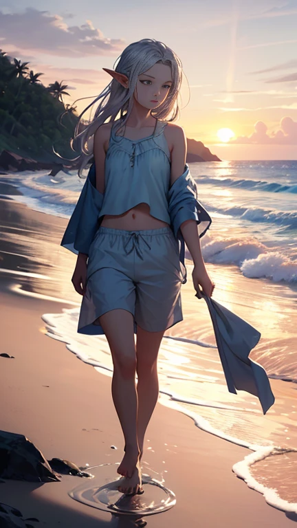 This serene beach scene captures the quiet moment of a young human boy and an ethereal elven girl standing side by side at the water’s edge. The boy, dressed in relaxed board shorts or beach pants, appears peaceful as he gazes out toward the ocean, barefoot in the warm sand. The elven girl, with her flowing silver hair and pointed ears, wears a sea-blue silky tunic that gently moves in the breeze. And Boy is wearing Beach Shorts Together, they share a tranquil connection and Walk hand in hand , framed by the soft pastel hues of the sunset, with waves gently lapping at the shore and seashells scattered around their feet. A beautiful blend of fantasy and reality, this image evokes calmness, magic, and the simplicity of shared moments by the sea.