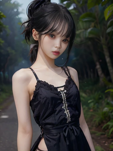 (Best Quality, 16k),  girl in a misty forest at night, (Detailed skin, Sweet Dress), (Long Hair:1.3, Short bangs),(Mysterious lighting ), 16K film-like , adorned in a delicate clothes,with long flowing hair and Short bangs. The Detailed skin is meticulously depicted in high resolution, The scene is wrapped in a mysterious atmosphere , creates a mysterious atmosphere under enchanting lighting , flat chest,Thin legs,Slim body,Small waist,Small waist, High Resolution ,  entrance slightly in a cafe in the city, High Resolution , masterpiece, accurate, Best Quality, Ultra high definition,  very detailed,  textured skin, Dream environment ,(( ponytail)),Unreal Background,Purple Mist, thin cotton fabric underwear,extra fine shoulder straps ,No makeup,No makeup,High quality photos,Solemn expression,Suspicious expression ,Suspicious look, expression trying to act carefully ,(目の周囲はNo makeup),Gaze, 