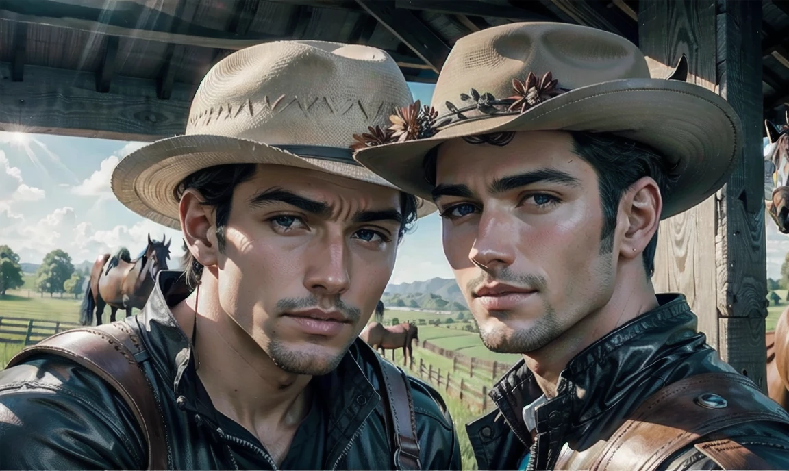 [((highly detailed, detailed eyes, detailed face, clear and realistic facial features, photorealistic, realistic light, cinematic, facing the viewer)), ((((2 men)))), (((((Gorgeous sexy masculine male cowboys, each looks unique))))), ((simple farm outfits)), (((grinning, sexy, saucy air))), (((((background is a sunny farm with horses)))))]