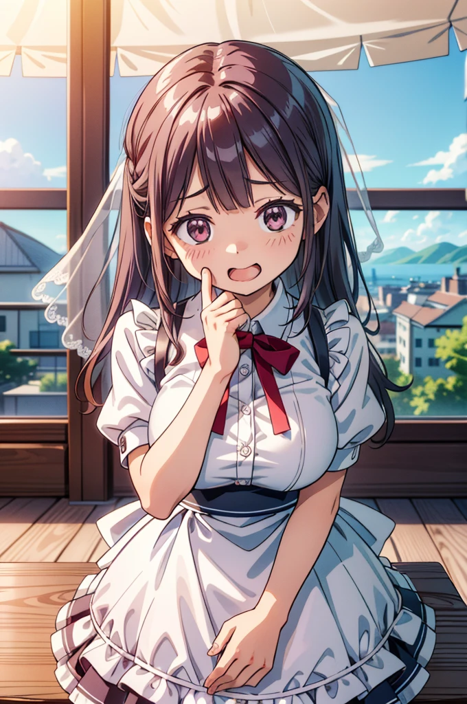 (masterpiece, ultra-detailed, best quality, clear focus, dramatic scene), (ultra-high resolution, 8k), perfect anatomy, perfect face, (detailed face, detailed eye), 20 years old beautiful Japanese girl, (she is working as a waitress at a trendy open terrace cafe), serving, standing, very beautiful and cute and cool face, (wearing cute colored and cute decorated waitress uniform with frills), (jewelry), white knee-high socks, dynamic pose, gorgeous large plate of foods, signature dishes, (She crumbled the wedding cake, broken large cake:1.3), (panicking, wavy mouth, open mouth, hands on breasts:1.3), (portrait, depth of field), face focus