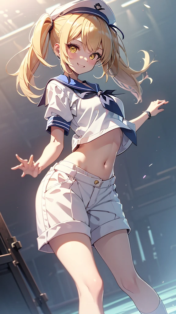 Twin-tailed golden-haired girl in sailor suit, Visible navel, Wear a hat and pants.a drawing of an anime character, clean line drawings, ultra cute girl, ultra cute face, ultra detailed eyes, ultra detailed hair, ultra cute, ultra beautiful, ((high end)), (UHD picture), (best quality,4k,8k,highres,masterpiece:1.2), top-quality(​masterpiece), top-quality, ultra-detailed, highly detailed texture, intricate details, high quality textures, masterpiece, best quality, perfect quality, perfect anatomy, perfect body, perfect symmetrical face, perfect hands, perfect feet, (two arms:1.2), (two legs:1.2), (five fingers each:1.2), (perfect joint:1.2), perfect joint movement, precise fingers and hands, 1 beautiful girl, 1 girl, alone, solo, , , ((())), ((ish)), (Best Quality, hight resolution), extremely detailed and lifelike, Vibrant colors, simple background, white socks, blonde hair, hat, blue sailor collar, twintails, sailor collar, sailor hat, yellow eyes, marine costume, short sleeves, shirt, blue neckerchief, white headwear, sailor, white shirt, white shorts, neckerchief, smile, Chiyuri