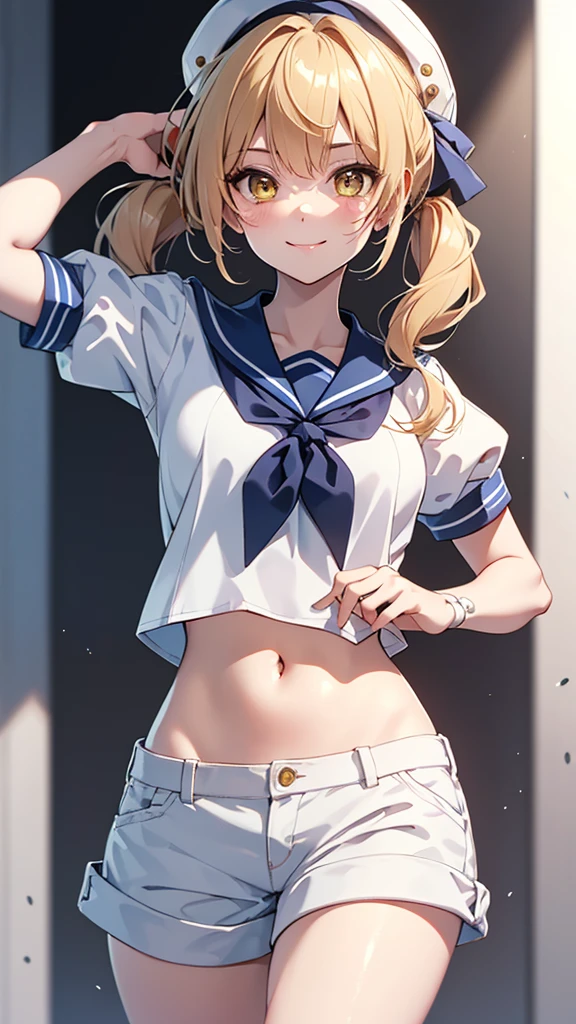 Twin-tailed golden-haired girl in sailor suit, Visible navel, Wear a hat and pants.a drawing of an anime character, clean line drawings, ultra cute girl, ultra cute face, ultra detailed eyes, ultra detailed hair, ultra cute, ultra beautiful, ((high end)), (UHD picture), (best quality,4k,8k,highres,masterpiece:1.2), top-quality(​masterpiece), top-quality, ultra-detailed, highly detailed texture, intricate details, high quality textures, masterpiece, best quality, perfect quality, perfect anatomy, perfect body, perfect symmetrical face, perfect hands, perfect feet, (two arms:1.2), (two legs:1.2), (five fingers each:1.2), (perfect joint:1.2), perfect joint movement, precise fingers and hands, 1 beautiful girl, 1 girl, alone, solo, , , ((())), ((ish)), (Best Quality, hight resolution), extremely detailed and lifelike, Vibrant colors, simple background, white socks, blonde hair, hat, blue sailor collar, twintails, sailor collar, sailor hat, yellow eyes, marine costume, short sleeves, shirt, blue neckerchief, white headwear, sailor, white shirt, white shorts, neckerchief, smile, Chiyuri