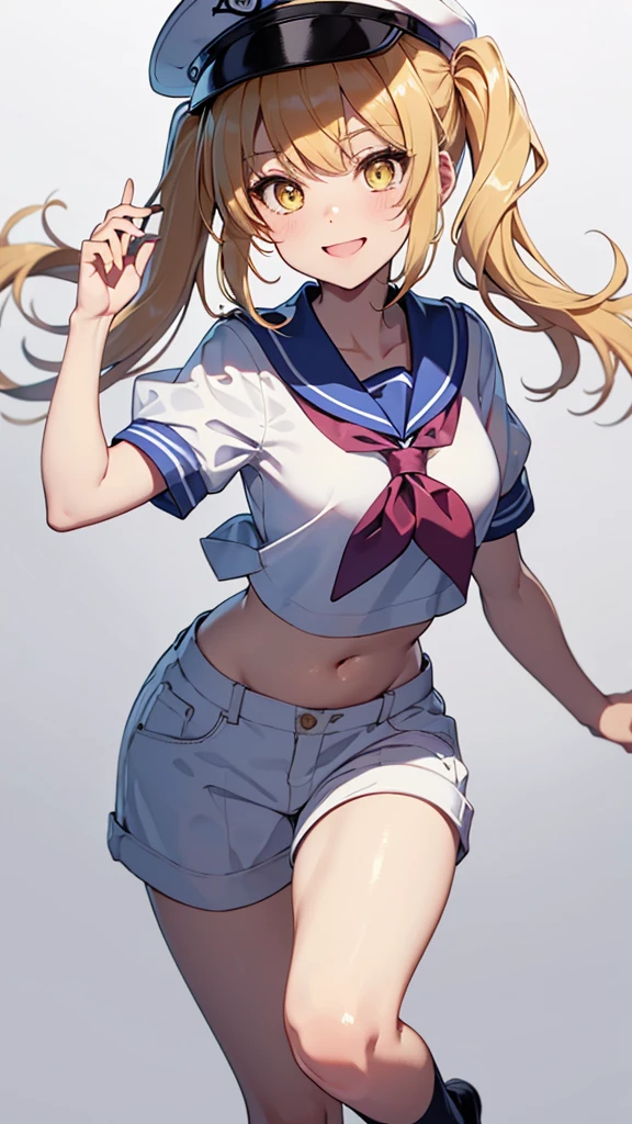 Twin-tailed golden-haired girl in sailor suit, Visible navel, Wear a hat and pants.a drawing of an anime character, clean line drawings, ultra cute girl, ultra cute face, ultra detailed eyes, ultra detailed hair, ultra cute, ultra beautiful, ((high end)), (UHD picture), (best quality,4k,8k,highres,masterpiece:1.2), top-quality(​masterpiece), top-quality, ultra-detailed, highly detailed texture, intricate details, high quality textures, masterpiece, best quality, perfect quality, perfect anatomy, perfect body, perfect symmetrical face, perfect hands, perfect feet, (two arms:1.2), (two legs:1.2), (five fingers each:1.2), (perfect joint:1.2), perfect joint movement, precise fingers and hands, 1 beautiful girl, 1 girl, alone, solo, , , ((())), ((ish)), (Best Quality, hight resolution), extremely detailed and lifelike, Vibrant colors, simple background, white socks, blonde hair, hat, blue sailor collar, twintails, sailor collar, sailor hat, yellow eyes, marine costume, short sleeves, shirt, blue neckerchief, white headwear, sailor, white shirt, white shorts, neckerchief, smile, Chiyuri