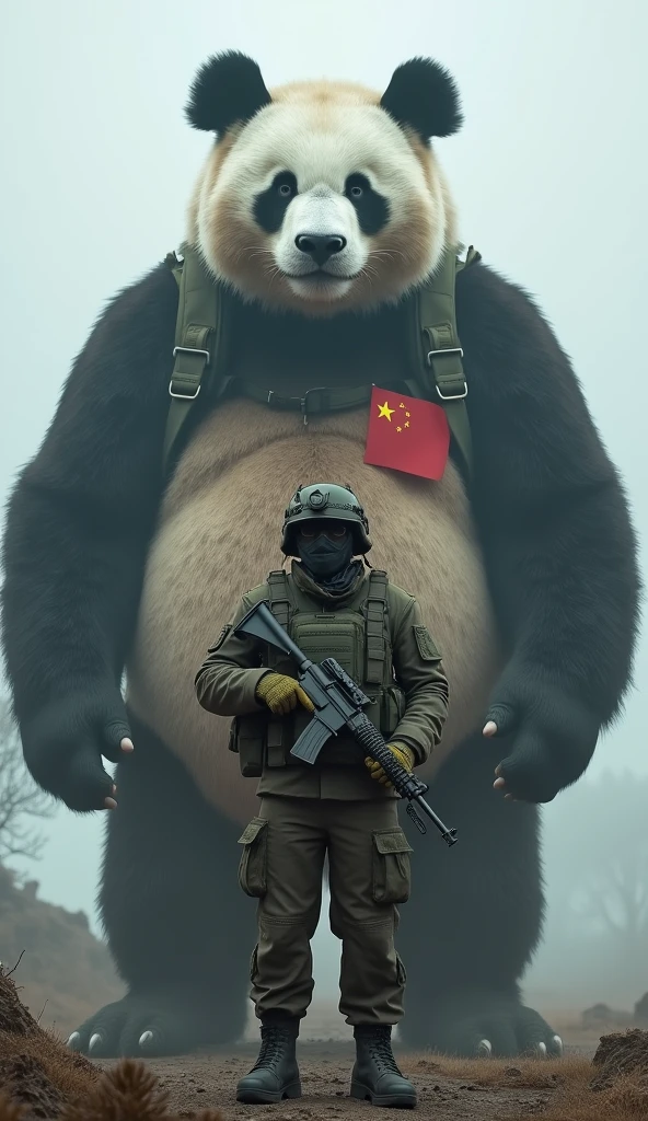 A veteran of the eighties in China, wearing an overcoat, a brown bear mask on his head, and a bloodstained golf club in his hand