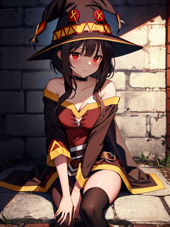 bunbun <lora:bunbun_offset:1>, masterpiece, best quality, megumin, 1girl, bare shoulders, black cape, black gloves, black hair, cape, choker, collarbone, dress, hair between eyes, hat, long sleeves, looking at viewer, medium hair, off-shoulder dress, off shoulder, red dress, red eyes, sidelocks, solo, witch hat, indoors,