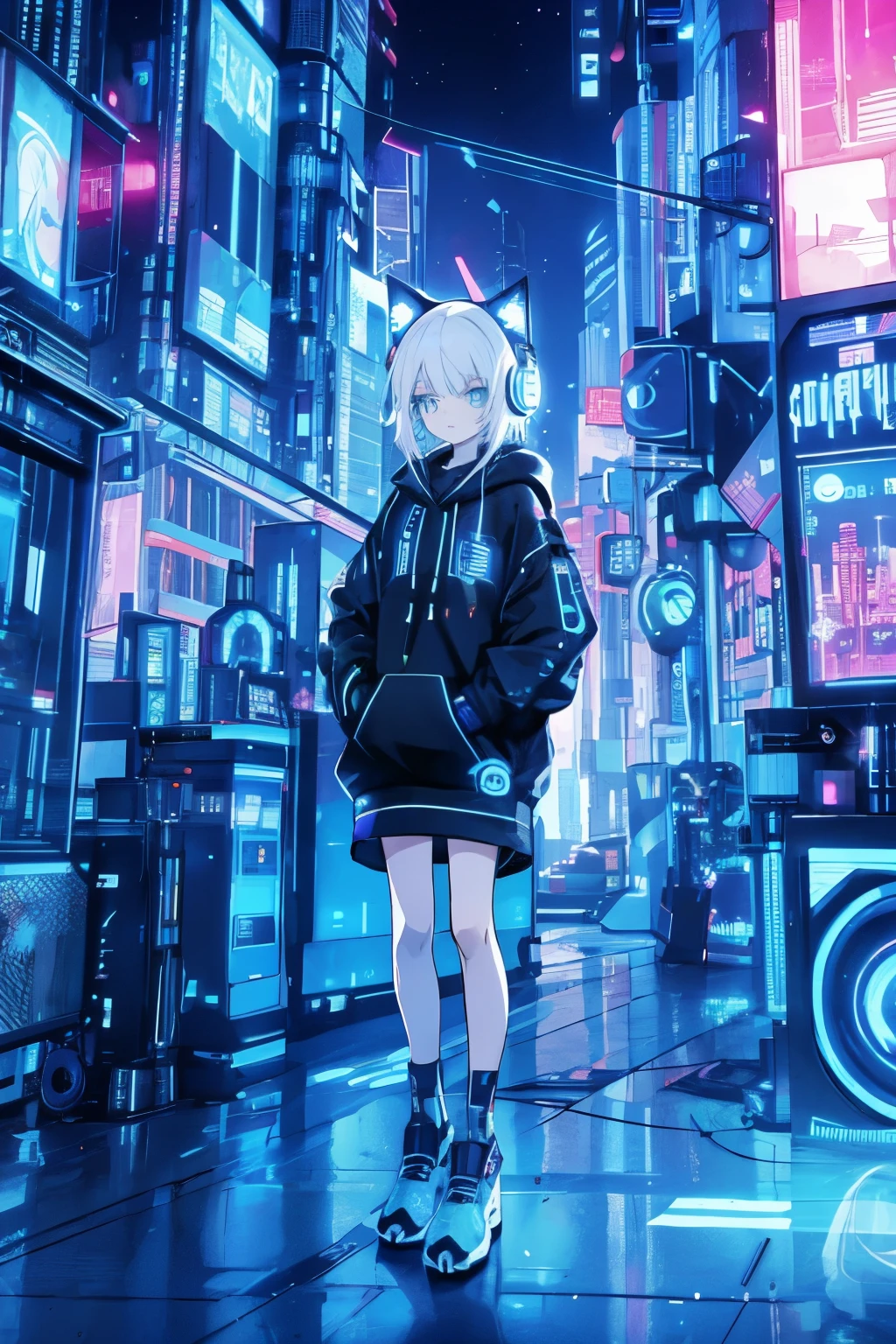 A cute futuristic anime girl with short white hair and bright blue eyes, wearing a black hoodie with blue tech patterns, cat ear headphones and a stylish urban streetwear outfit. She is posing with a peace sign in front of a futuristic high-tech computer equipment, surrounded by neon lights and digital screens. The background includes cityscape elements with advanced skyscrapers and technology-based environments. The overall tone is vibrant, modern and full of futuristic details, with a cyberpunk and digital aesthetic." DJTWIWAVE