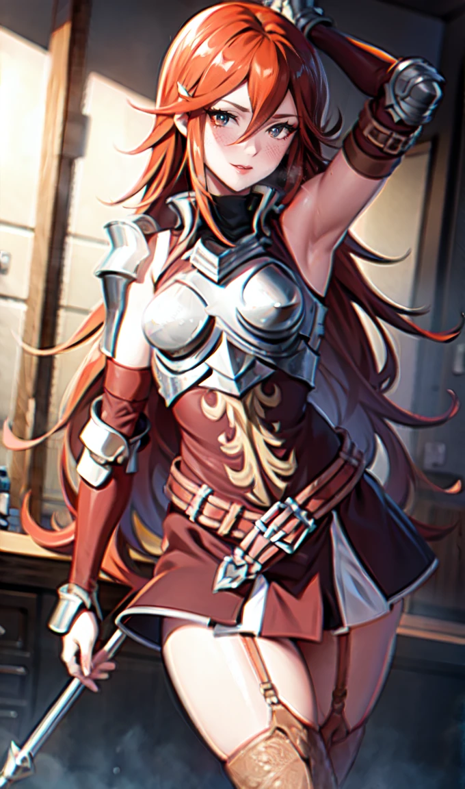 breastplate, elbow armor, both arms, two arms, perfect arms, 1girl, solo, red hair, armor, red skirt, long hair, messy hair, cordelia fe, breastplate, shoulder armor, arm armor, Redhead, Fire emblem, Gauntlet, belt, Garter Straps, Knee socks, thighs, anime style, anime screencap, anime best girl, beautiful portrait of cute anime girls, red eyes, hair feather, smile, spear,