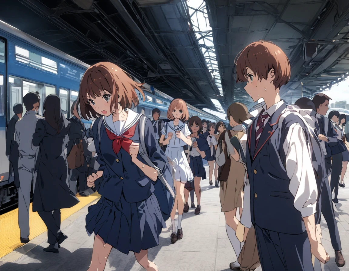 Anime picture daily life full of people on the train station platform high school girl summer suit white sailor suit with navy blue collar white socks black loafers scarf wearing red high school uniform:1.3 Beautiful Sweaty Brown Hair Bob Cut Hair Mob Silhouette :1.3