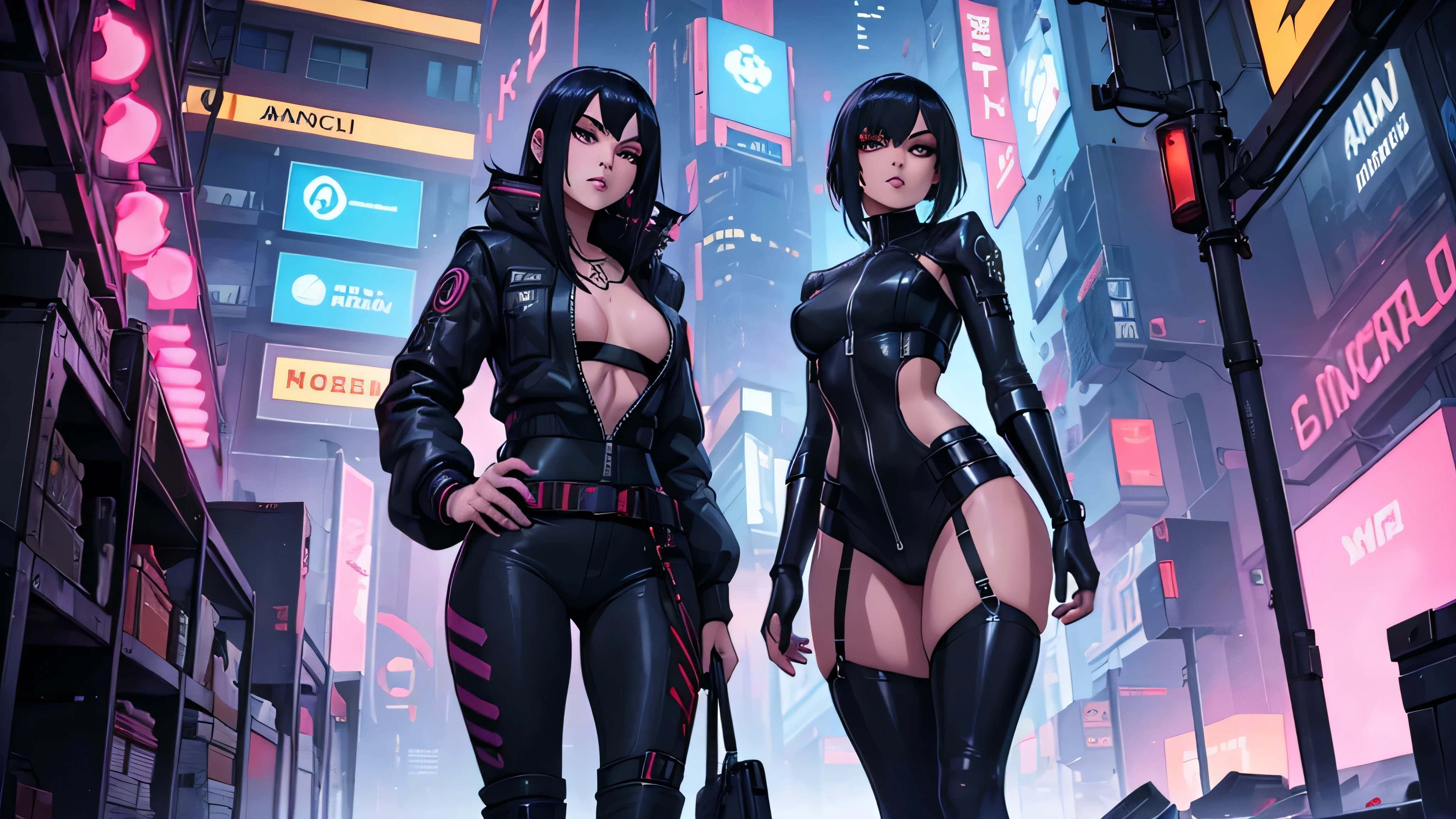 Battle angel alita and rei ayanami, sexy, they are giants like godzilla near the city neo-Tokyo skyline