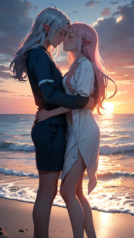 In this romantic seaside moment, a human boy and an elven girl stand on the beach, sharing a tender kiss. The boy, dressed in casual board shorts or beach pants, embraces the elven girl, whose long silver hair flows in the ocean breeze, complementing her sea-blue silky tunic. Their gentle connection unfolds as the sun sets behind them, casting warm shades of orange and pink across the sky and reflecting on the soft waves. The calm rhythm of the ocean and the scattered seashells at their feet create a peaceful backdrop for this magical and intimate scene, blending fantasy with the beauty of a quiet beach kiss at dusk.