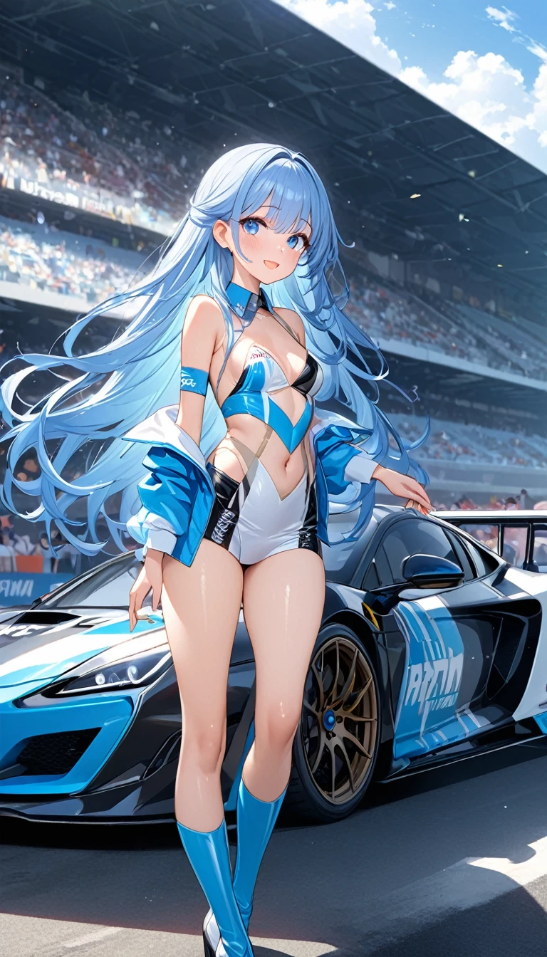 masterpiece,(Super detailed),1 girl, light blue long hair、twin tails、bright smile,  A packed audience、Yellow Porsche racing car(whole),  colorful umbrellas next to the car、 lace queen, rainbow colored leotard, Two-tone gloves, thigh boots,