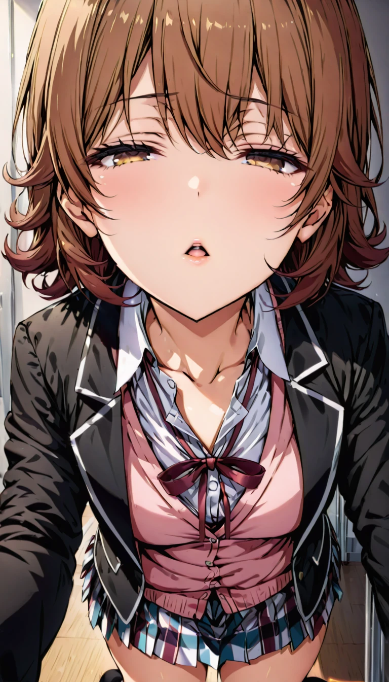 iroha isshiki, short hair, brown hair, brown eyes, skirt, shirt, ribbon, school uniform, jacket, white shirt, open clothes, socks, open jacket, black jacket, plaid, kneehighs, plaid skirt, blazer, cardigan, black socks, pink cardigan, sobu high school uniform, half closed eyes, incoming kiss, face waiting for kiss, pov, best quality, ultra-detailed, high resolution, 8K,