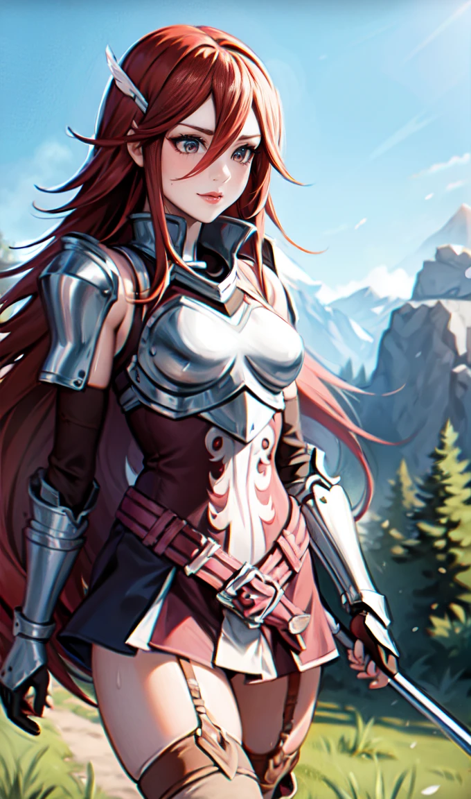 breastplate, elbow armor, both arms, two arms, perfect arms, 1girl, solo, red hair, armor, red skirt, long hair, messy hair, cordelia fe, breastplate, shoulder armor, arm armor, Redhead, Fire emblem, Gauntlet, belt, Garter Straps, Knee socks, thighs, anime style, anime screencap, anime best girl, beautiful portrait of cute anime girls, red eyes, hair feather, smile, spear,　red eyes, 