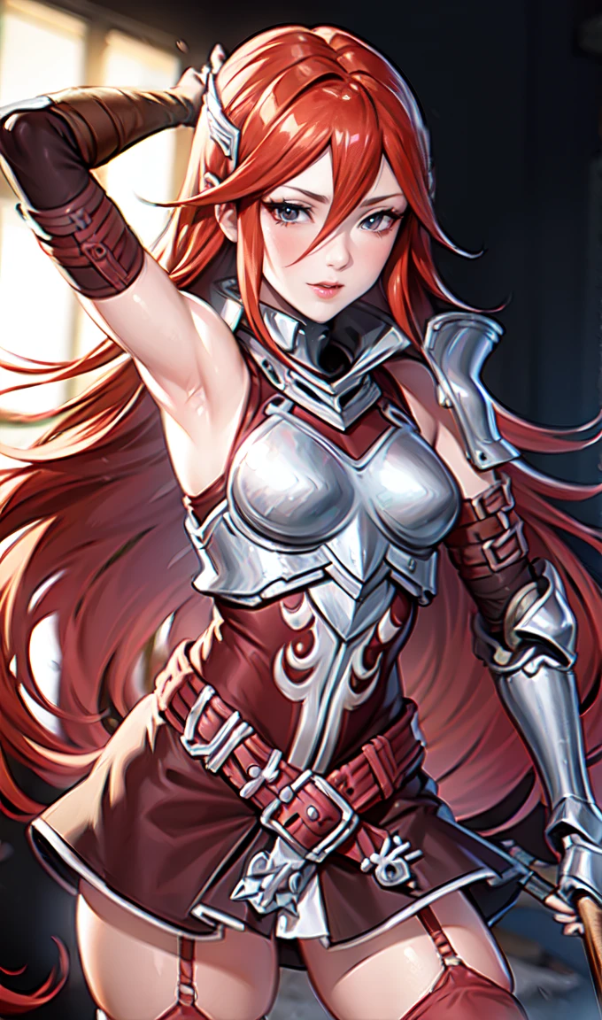 breastplate, elbow armor, both arms, two arms, perfect arms, 1girl, solo, red hair, armor, red skirt, long hair, messy hair, cordelia fe, breastplate, shoulder armor, arm armor, Redhead, Fire emblem, Gauntlet, belt, Garter Straps, Knee socks, thighs, anime style, anime screencap, anime best girl, beautiful portrait of cute anime girls, red eyes, hair feather, smile, spear,　red eyes, 