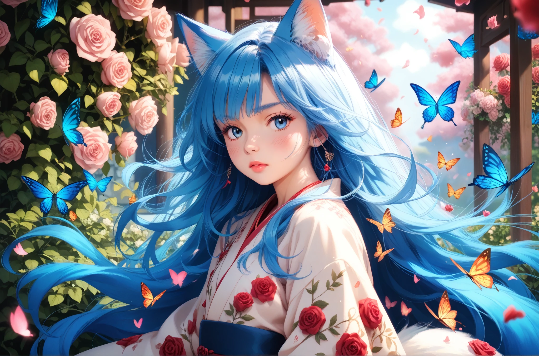 (((best quality))), (((masterpiece))), (Ultra-detailed:1.3), (Highres), official art, sunlight,1girl, adult woman kitsune, (an extremely detailed and beautiful face:0.3), (beautiful light blue eyes:0.2), long white eyelashes, (very long voluminous white,blue gradient hair:1.3), fair skin, fox tail, fox ears, (skin dentation:1.2), arms at side, (white lavender floral kimono, blush, shyness, Realistic, surrounded by roses and colorful butterflies, surrounding garden, tree shadow, hair fluttering in the wind, whimsical, fantastical, 8k resolution, studio lighting