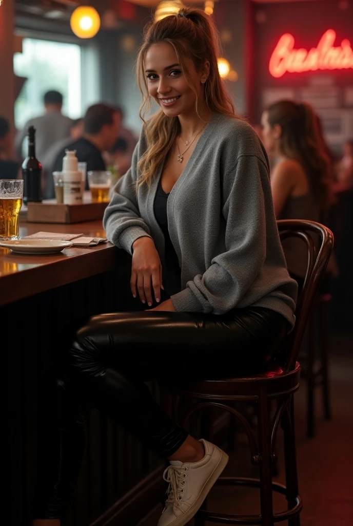 zPDXL2, zPDXLpg, zPDXLrl, ginger woman with red hair in luxurious nightclub, sitting at the bar holding a beer, wearing a sweater and jeans