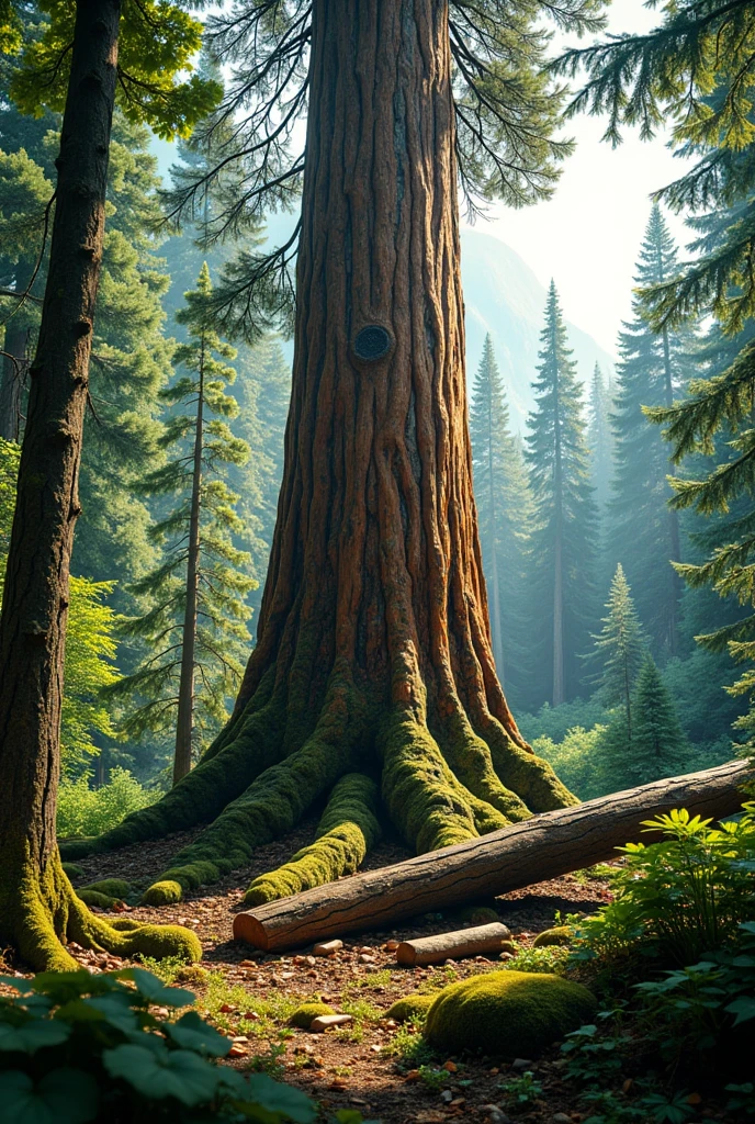 Large tree cut in forest, background blending into nature, highest quality, 16K high resolution, ultra detailed, masterpiece, live shot, photorealistic, hyper realism, sharp focus, very delicate and beautiful, fine details