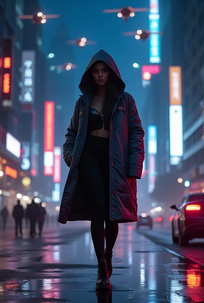 Masterpiece, 4K wallpaper, Masterpiece sci-fi cyberpunk city, fantasy sci-fi, neon glow lights city, ( Subject ( 1girl, A cute japanese women with beautiful hair, wearing an youth stylist oversized hoodie fashion, yellow, black and white stylist fashion, jumper hoodie and short solid cotton trousers, the hoodie stylist masterpiece.))
( Pose (Relaxed, with dance pose, masterpiece. Medium breast.))
( Setting (ultra realistic, sci-fi theme, A mystic environment, cyberpunk city with neon glow lights and a glow light portal.))
( Face ( absolute detail of face masterpiece, detail skin pores masterpiece, oil skinny, beautiful japanese girl, detail of face.))
( Perfect human body, perfect human fingers)
( Lighting (Dramatic side lighting with a warm and cool light masterpiece, sunlit glow and light rays, masterpiece object lighting and detail.))
(detail of wearing masterpiece), rahnday style photography, the sense of photography), sea art infinity.
( Style (Hyper-realistic, cinematic, with a focus on detail and texture, octan render 4K quality masterpiece.))
( Technical Specifications (Shot from a medium long shot, below-up perspective, with a Fujifilm XT-4 with Fujinon 50mm lens at f/1.2.))
(((Additional Notes)
 ( Focus on Key Elements (Emphasize the woman, her clothing, and the dramatic city backdrop.))
 ( Visual Effects (Include cinematic grains, falling glow particles, and a blurred background with fog.))