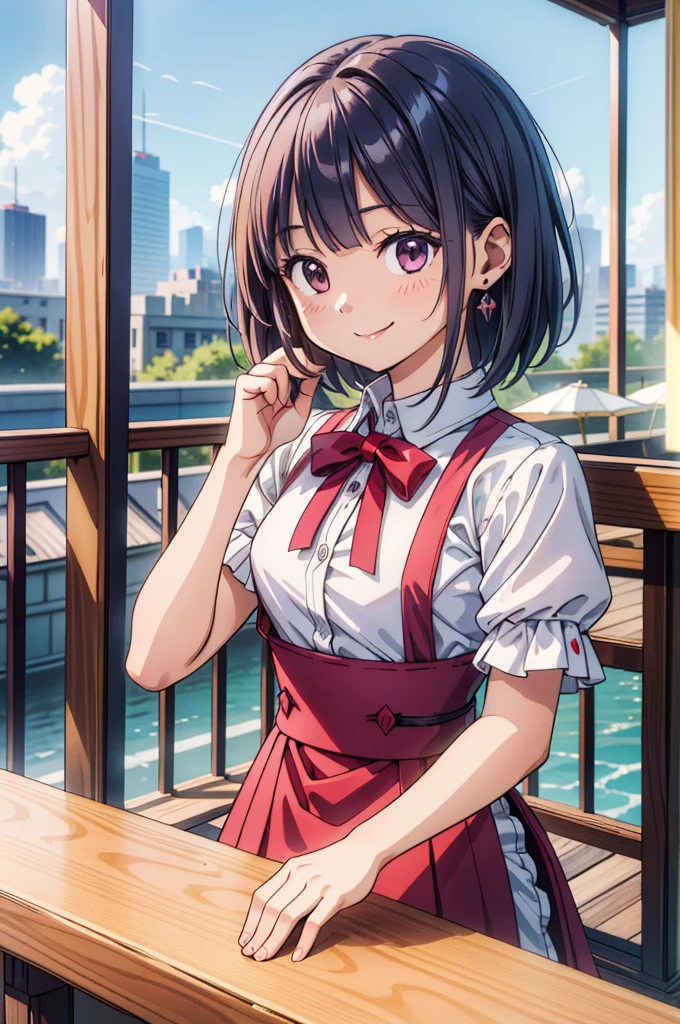 (masterpiece, ultra-detailed, best quality, clear focus, dramatic scene), (ultra-high resolution, 8k), perfect anatomy, perfect face, (detailed face, detailed eye), 20 years old beautiful Japanese girl, (she is working as a waitress at a roof top bar in the luxury hotel), serving, standing, very beautiful and cute and cool face, (wearing cute colored and cute decorated bar companion's uniform), (jewelry), dynamic pose, (smile, she looks so happy:1.3), (portrait, depth of field), face focus