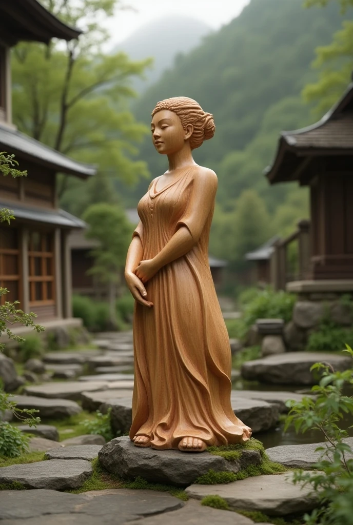 marmor statue, Weathered, japanese woman, arms behind head, sitting, nude, naked, no pubes, marmor base, temple in forest