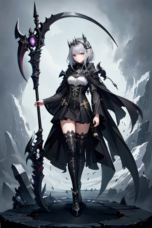 （（（Highest品質、masterpiece、Normal body、8k、Detailed face、Ultra-precision、Normal hand、通常refer to、５refer to、Highest））） Death size {x} Beautiful girl with gold and silver hair、Princess、Absolute Being、 Twilight Dress 、black and white skirt、Shiny Tiara、Metal Boots、Death Scythe、 Game Scythe 、grim Reaperの鎌、disaster々 New Scythe 、disaster々aura、 reaps souls 、death penalty、grim Reaper、grim Reaper、 Collapsing Universe 、Dimensional Destruction 、The End of the Galaxy、Combat Ready、Death Scytheを振りかぶる、 He bows ,  holds a sickle in both hands 、 swings over his shoulders .、 stretches his legs and 