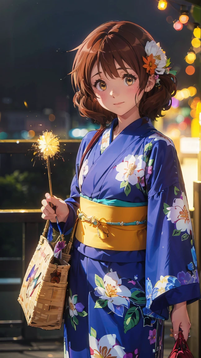 (最High image quality, 8k, High image quality, high detail,masterpiece:1.2)、kumiko oumae,Eye light、Face Light、  Sparkling Eye 、Alone、1 girl、 viewers、anime、animeカラーリング、(from the front:1.3)、( Perfect Anatomy)、(Looking at the viewer、 focus on the face)、Sparkling Eyes、(from the front:1.3)、( viewers、Blur the background:1.3)、animeカラーリング(Blur the background:1.3)、Before the topic、(( The image placed in the center )),((Glowing Skin,smile))、 (((masterpiece))), ((top-quality)), (( complicated details)),  perfect eyes, Captivating Eyes,(Alone、1 girl)、anime、animeカラーリング、 viewers、Subject in front、Detailed skin、((small drawstring bag、simple flower hair ornament)),(The,yuTheta,japanese clothes,Heart, sash, floral print, Heartjime,),（魅力的なsmile)、(Watch the fireworks display,Lots of fireworks,dreamy happy atmosphere dramatic lighting),