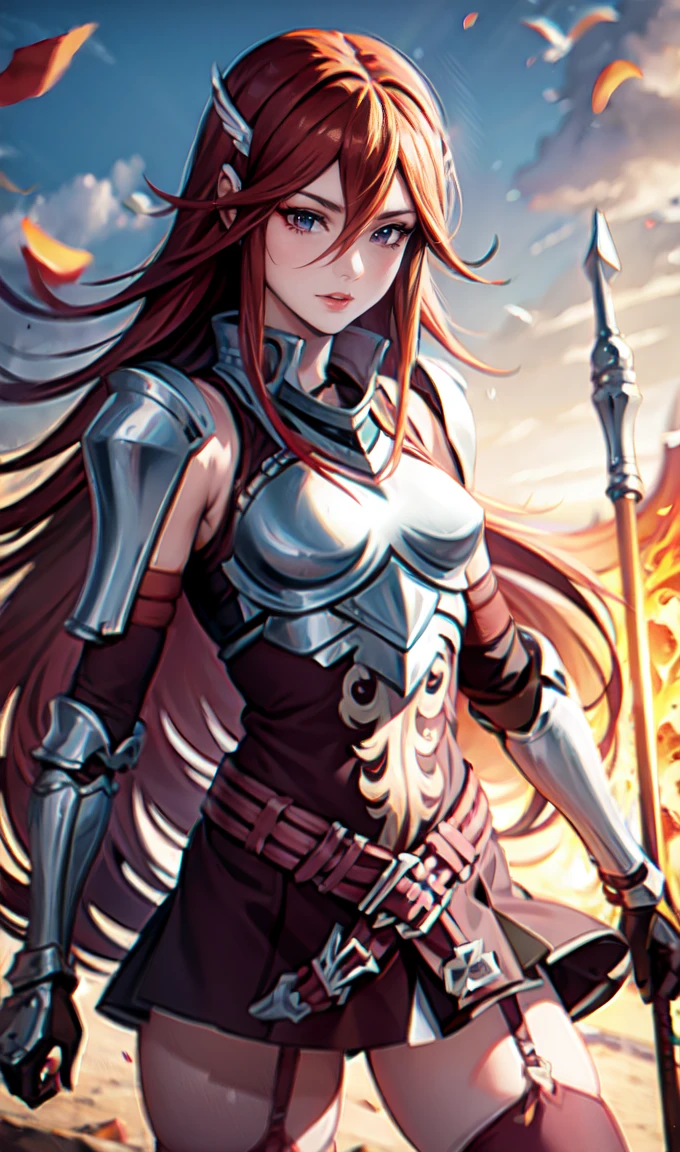 breastplate, elbow armor, both arms, two arms, perfect arms, 1girl, solo, red hair, armor, red skirt, long hair, messy hair, cordelia fe, breastplate, shoulder armor, arm armor, Redhead, Fire emblem, Gauntlet, belt, Garter Straps, Knee socks, thighs, anime style, anime screencap, anime best girl, beautiful portrait of cute anime girls, red eyes, hair feather, smile, spear, red eyes, novel illustration, 