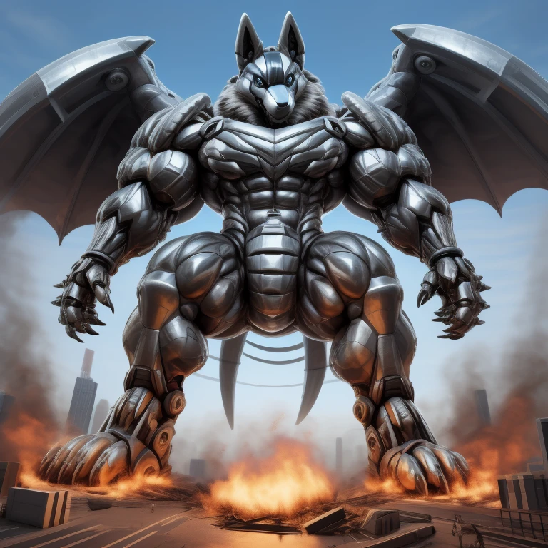 (masterpiece. official art. 8k. best quality. detailed full body. full body.)
(situation 1 : dominating mega lucario. focus GIANT mechanical Muscular mega lucario is trampling the CITY. macro. stomp. Low-angle perspective. emphasizing the immense size. The perspective is from below, emphasizing the sheer majesty and power of the Giant. giant art. He is much bigger than a skyscraper. Giga Giants. micro socceeld. looking down.)

(situation 2 :smoke and flames rising from the destruction in the city)

(Additional details 1: wearing a full-face helmet. helmet is jet black. The color of NANOSUIT is jet black. high-tech bio-mecha armor. real texture material. whole body shines like metal. Wearing cyberpunk mecha. emphasizes the muscles. suit fully made of metal. intricate armor. Robotic suit. suit fully made of metal. no face.). (mega lucario has 5 toes.) Wearing a Full Face Toxic Gas Mask. no blue.
An arrogant expression.
smile at the corner of your mouth.

(Additional details 2: (Detailed head. Detailed Body. Detailed abs. gigantic muscles. HYPER MUSCLES. Gigachad Muscular. big muscle. pecs. triceps. traps. unusually developed muscular body. body full of huge muscles. showing off muscles. pectorales enormes. Exaggeratedly huge muscles. huge muscles. long legs.).

(Additional details 3: nj5furry, Spread wings. It has wings. black have big wings. The claws are sharp. Sharp teeth.5 toes.).  Wearing a Full Face Toxic Gas Mask. 