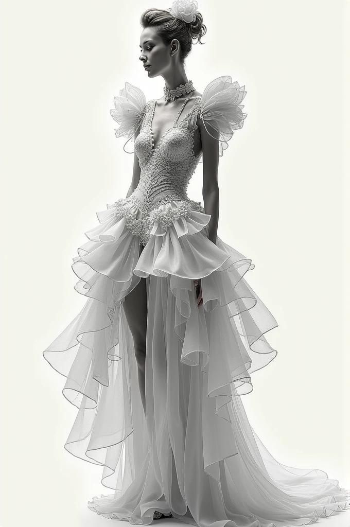 Drawing of an androgynous man dressed as a bride, wearing tight pants but with a back part that looks like a dress with a lot of flare and a crinoline that is held at the waist.. In addition to a huge bridal veil and a high neck with lace and sleeveless top, full of ruffles. and all full of glassware and elegance