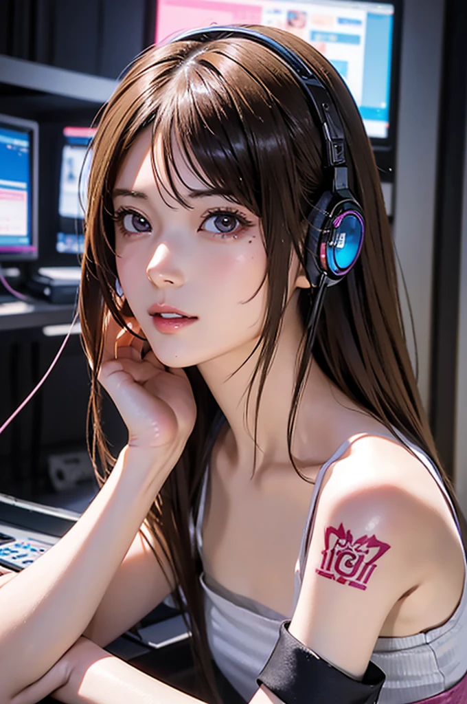  High Resolution , 8k, Best Quality, detailed, Semi-realistic anime, 3D anime style sex, Smooth anime CG, One Girl, 20 year old Japanese woman, slim, modeling,  shiny brown hair, detailedな顔, Beautiful and detailed,   glowing skin  , Hard Focus、 film grain , Soft lighting,   viewers, Laughter、((  The background is a cyberpunk room with lots of monitors.......、The costumes are corded  、Long hair color pink、 headset on head 、Small tattoo on face、Female DJ、Gazing at the viewer))