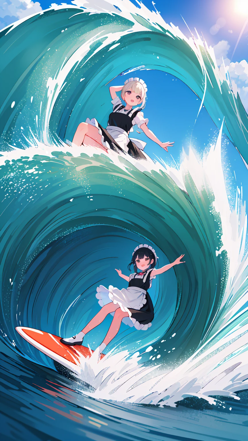 (8k, Best Quality, masterpiece: 1.2),Ultra-high resolution, 1 person, solo,Highly detailed face, Apron dress, Black Dress,  White Apron , black and white maid outfit,  random hairstyle, Gay Hair, surfing, sea, Wave, sunlight, Ecstatic expression,  splash from below, Overall image, Flooding, Wet, surfboard, 